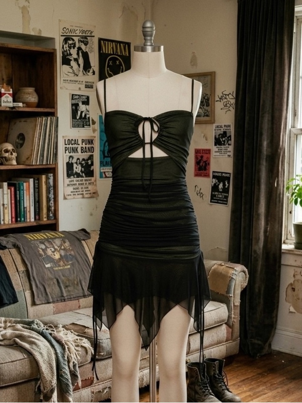 NWT Current Mood Heartfelt Horizon Mesh Overlay Shirred Handkerchief Hem Dress